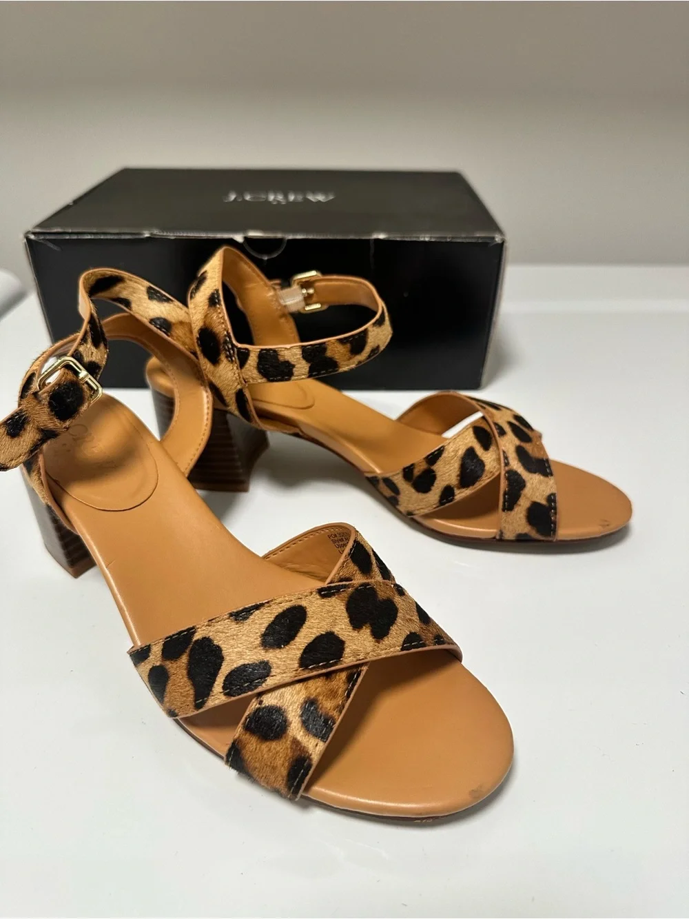 J. Crew Leopard Print Block Heel Sandals in Tan and Black